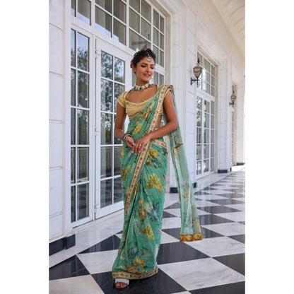 KALISTA Green Draped Saree with Stitched Blouse