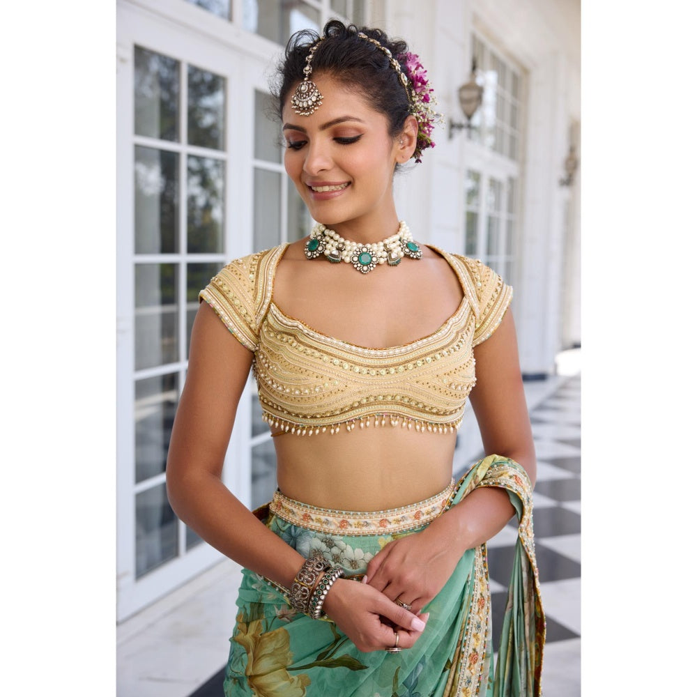 KALISTA Green Draped Saree with Stitched Blouse