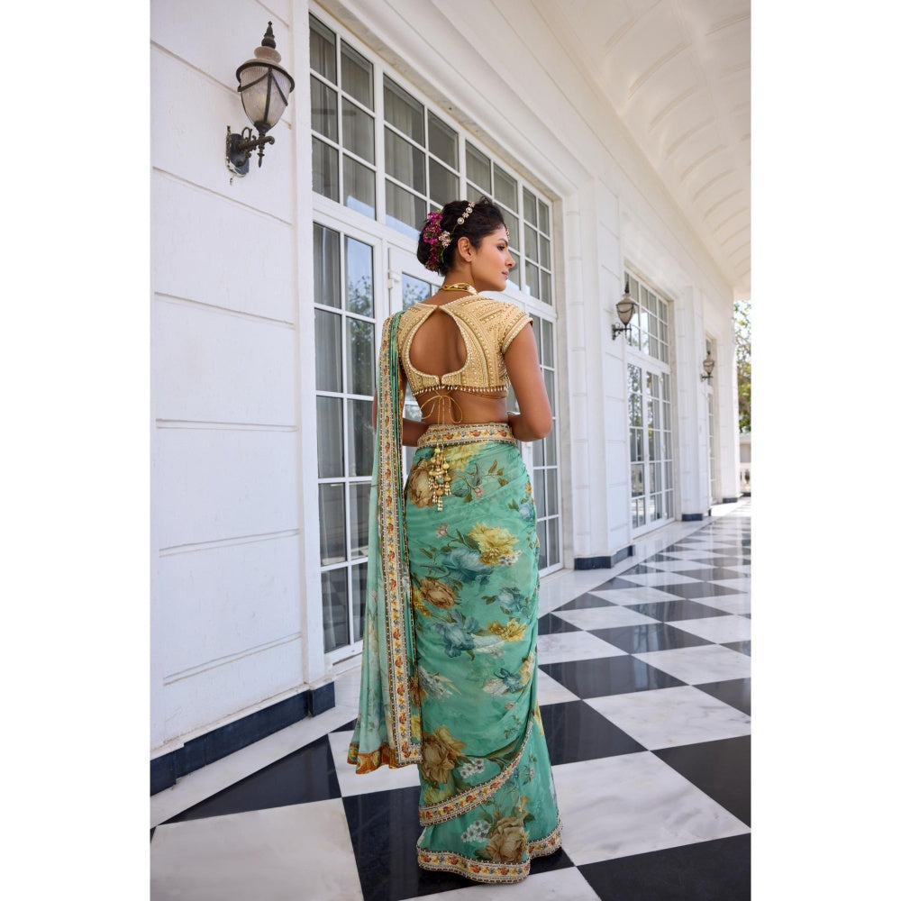KALISTA Green Draped Saree with Stitched Blouse
