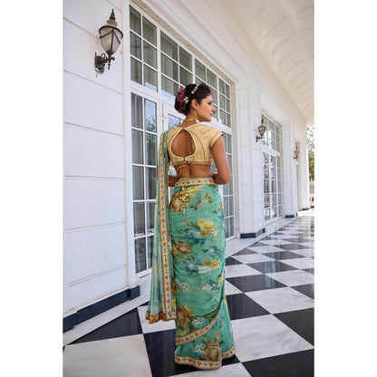 KALISTA Green Draped Saree with Stitched Blouse