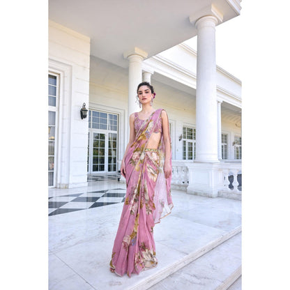 KALISTA Purple Draped Saree with Stitched Blouse