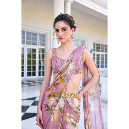 KALISTA Purple Draped Saree with Stitched Blouse