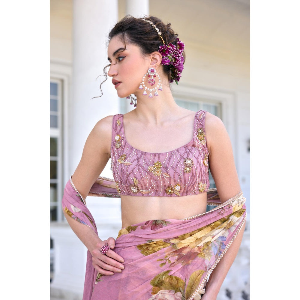 KALISTA Purple Draped Saree with Stitched Blouse
