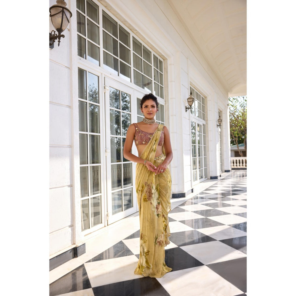 KALISTA Green Draped Saree with Stitched Blouse