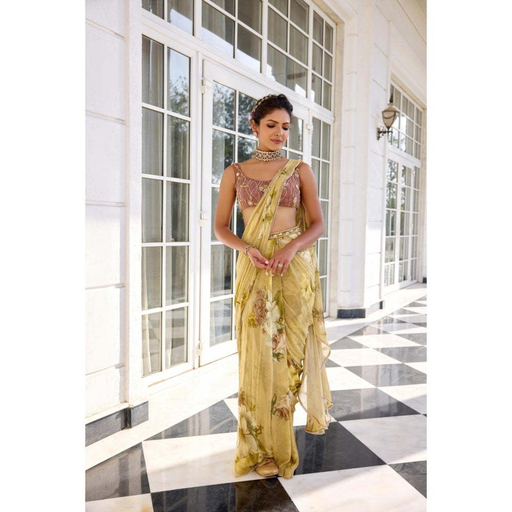 KALISTA Green Draped Saree with Stitched Blouse