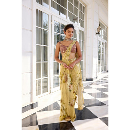 KALISTA Green Draped Saree with Stitched Blouse