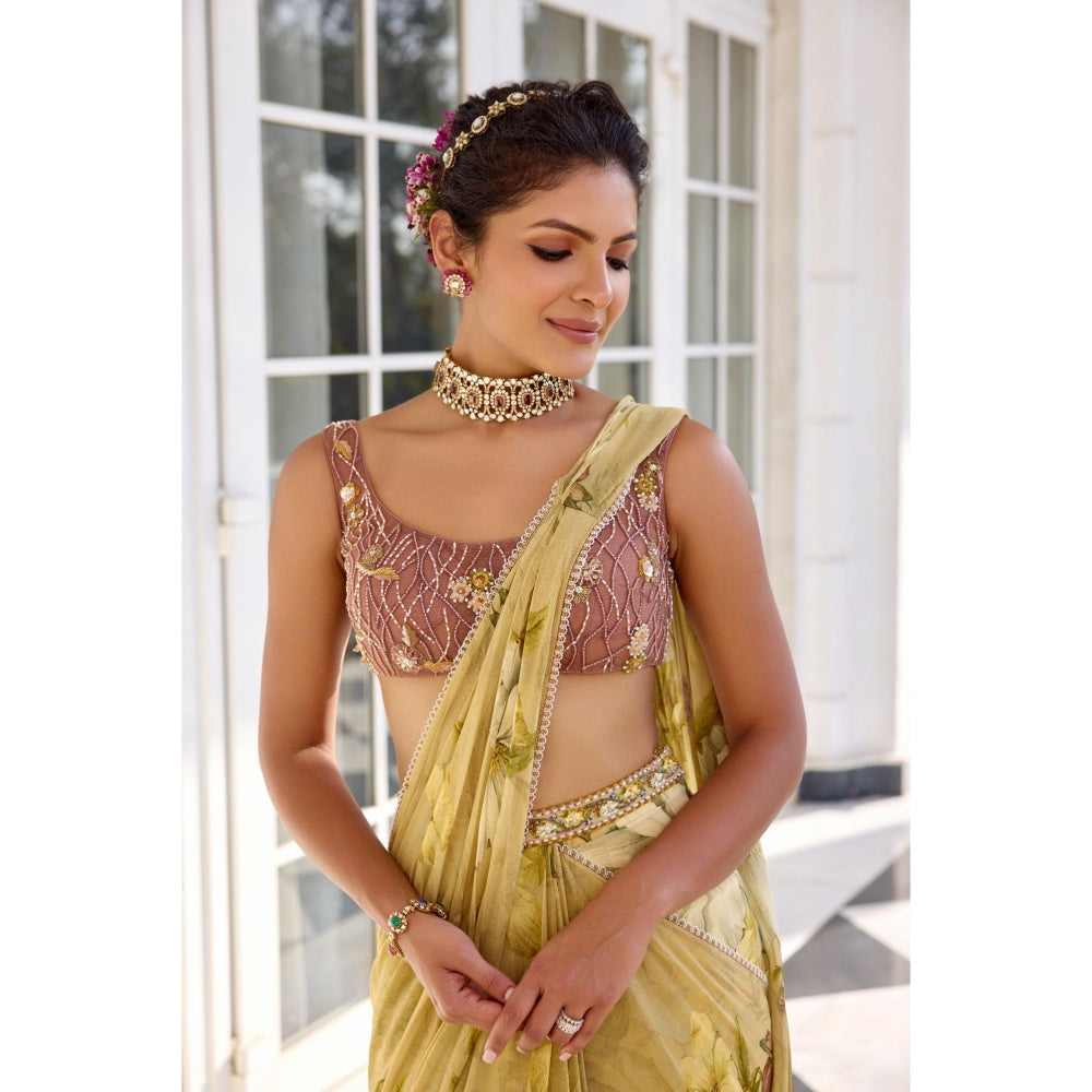 KALISTA Green Draped Saree with Stitched Blouse