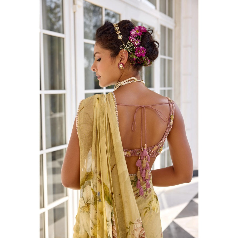 KALISTA Green Draped Saree with Stitched Blouse