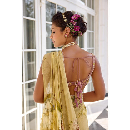 KALISTA Green Draped Saree with Stitched Blouse