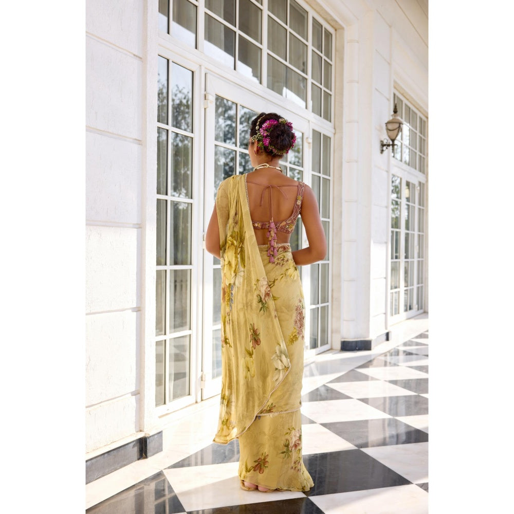 KALISTA Green Draped Saree with Stitched Blouse