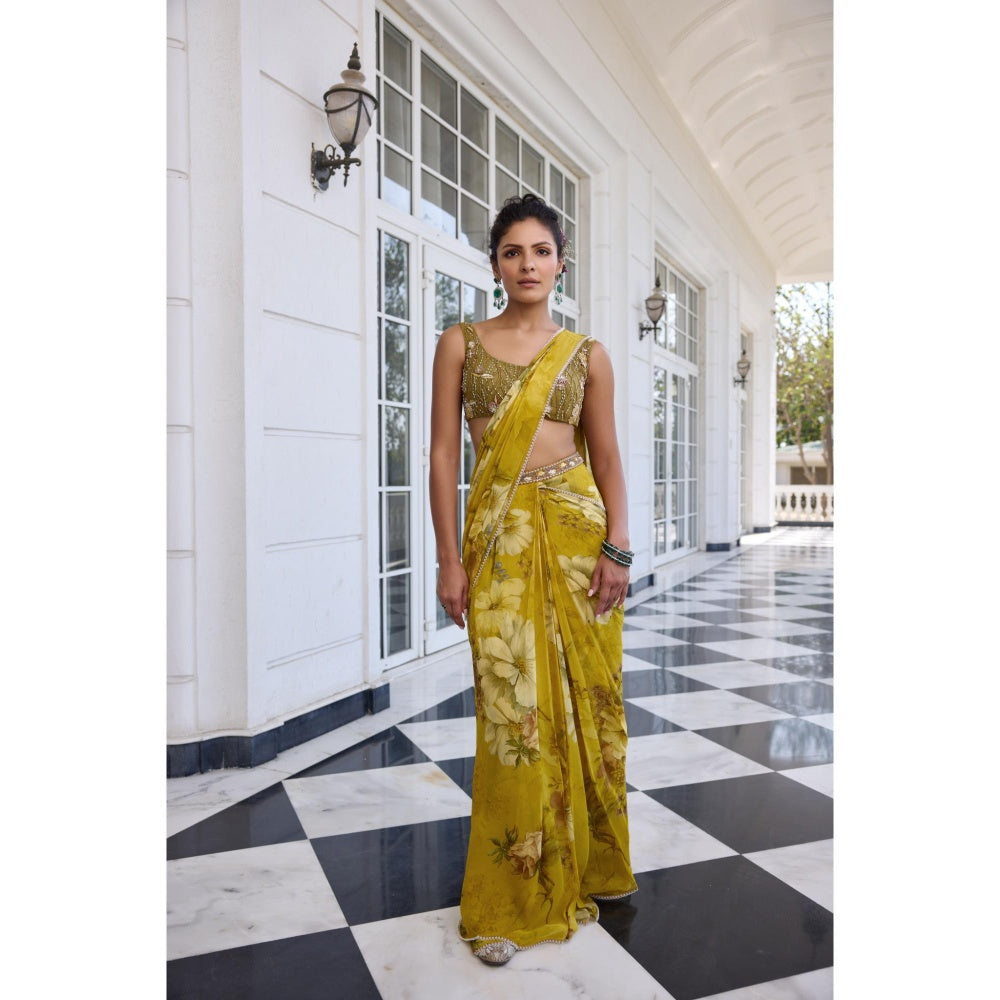 KALISTA Green Draped Saree with Stitched Blouse