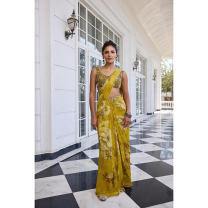 KALISTA Green Draped Saree with Stitched Blouse