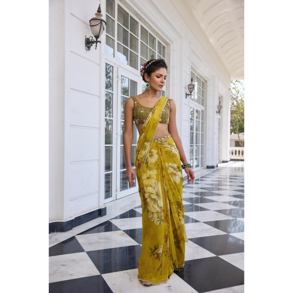 KALISTA Green Draped Saree with Stitched Blouse