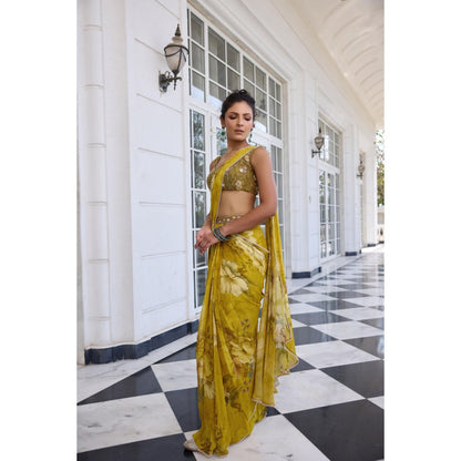 KALISTA Green Draped Saree with Stitched Blouse