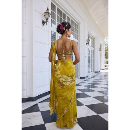 KALISTA Green Draped Saree with Stitched Blouse