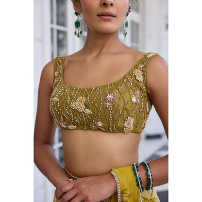 KALISTA Green Draped Saree with Stitched Blouse