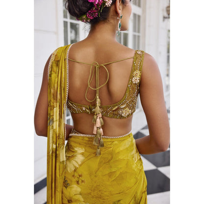 KALISTA Green Draped Saree with Stitched Blouse