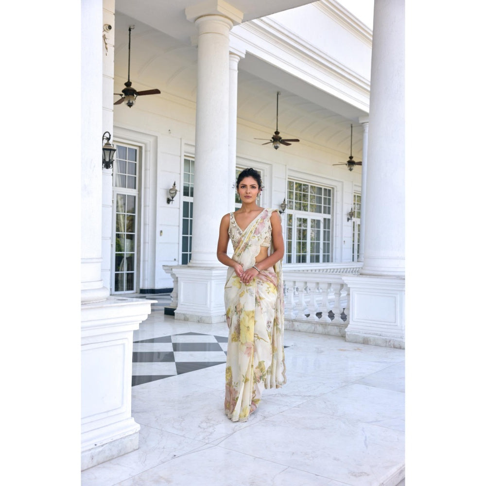 KALISTA White Draped Saree with Stitched Blouse