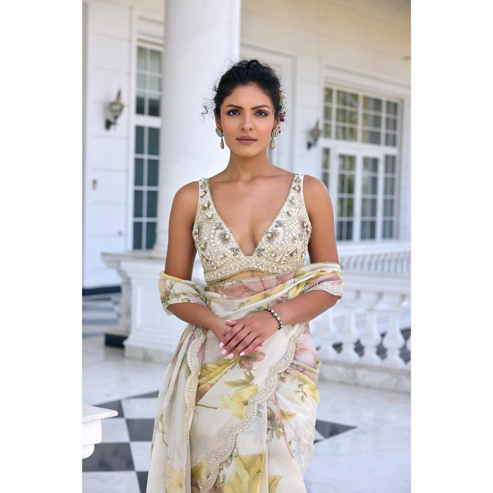 KALISTA White Draped Saree with Stitched Blouse