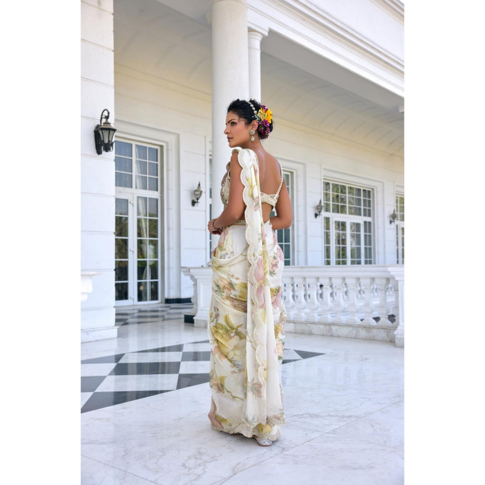KALISTA White Draped Saree with Stitched Blouse