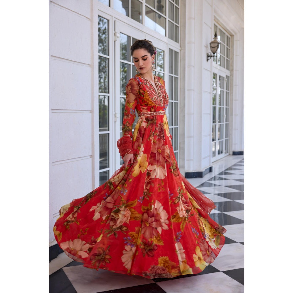 KALISTA Red Anarkali with Dupatta