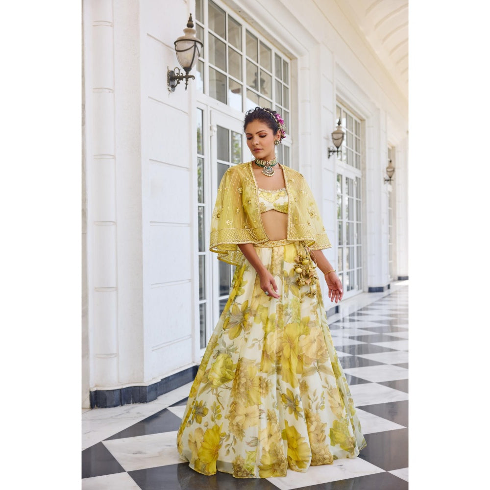 KALISTA Yellow Lehenga with Bustier and Cape