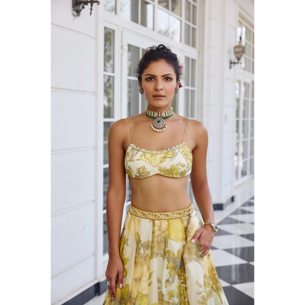 KALISTA Yellow Lehenga with Bustier and Cape