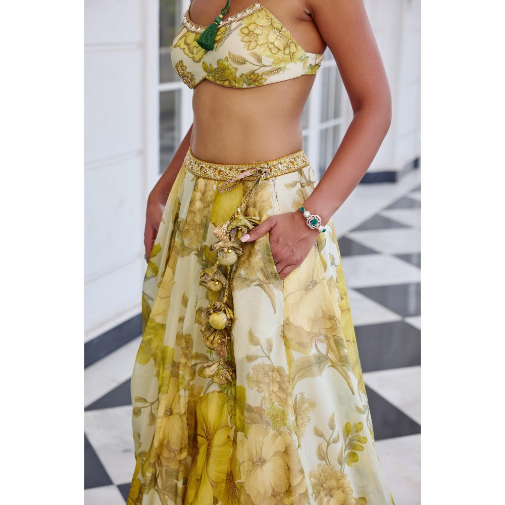 KALISTA Yellow Lehenga with Bustier and Cape