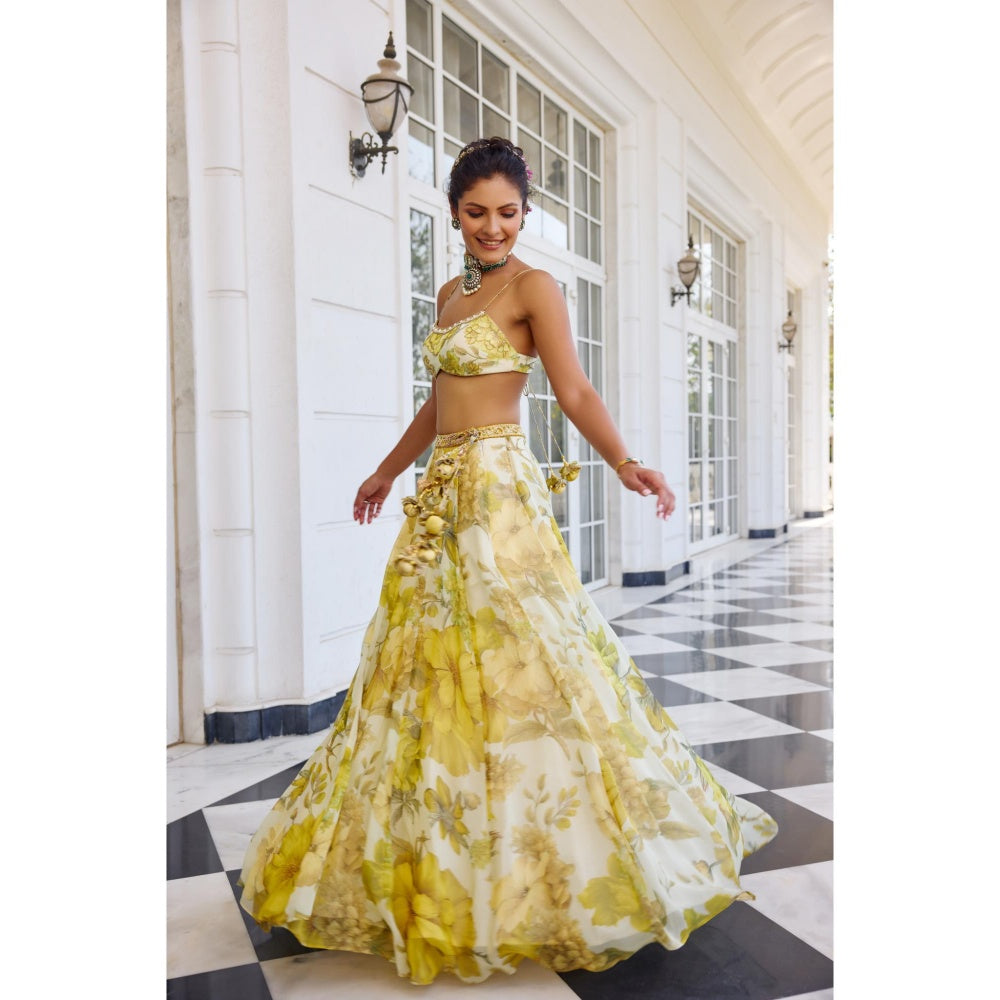KALISTA Yellow Lehenga with Bustier and Cape