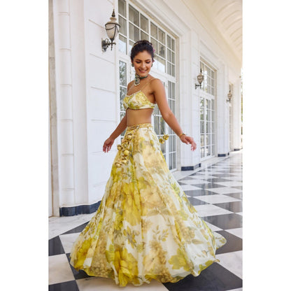 KALISTA Yellow Lehenga with Bustier and Cape