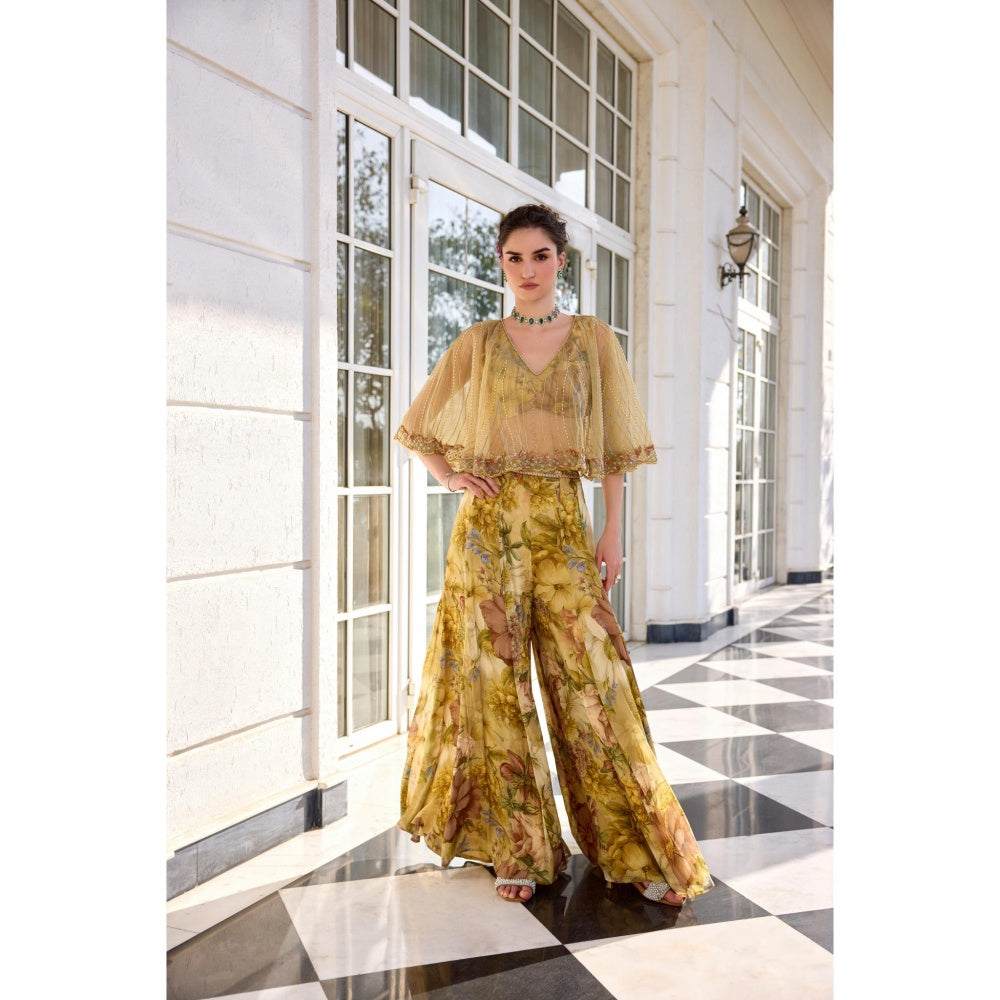 KALISTA Yellow Cape Attached Bustier with Palazzo