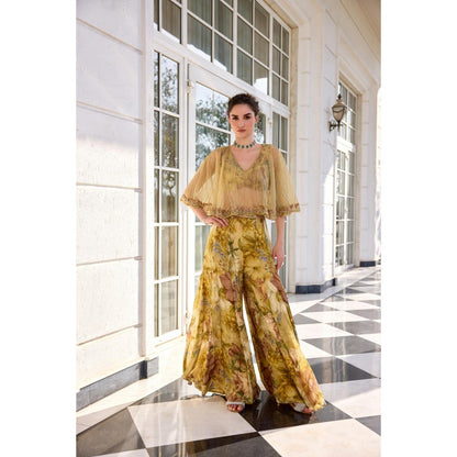 KALISTA Yellow Cape Attached Bustier with Palazzo