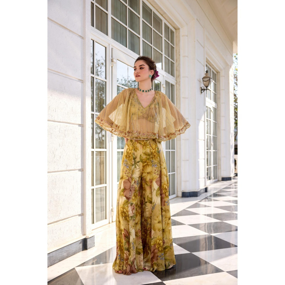 KALISTA Yellow Cape Attached Bustier with Palazzo