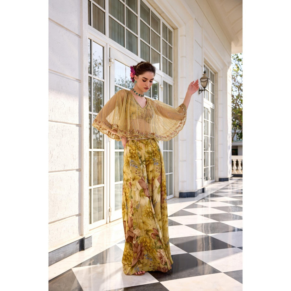 KALISTA Yellow Cape Attached Bustier with Palazzo