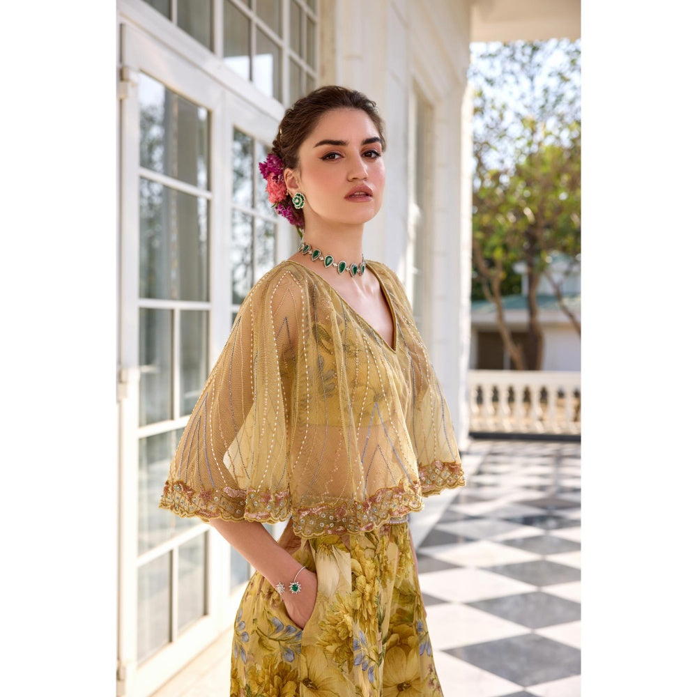 KALISTA Yellow Cape Attached Bustier with Palazzo