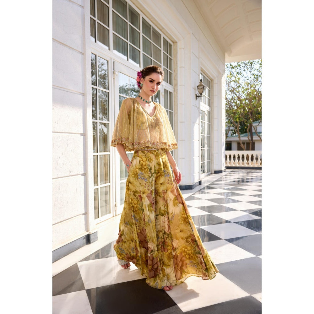 KALISTA Yellow Cape Attached Bustier with Palazzo