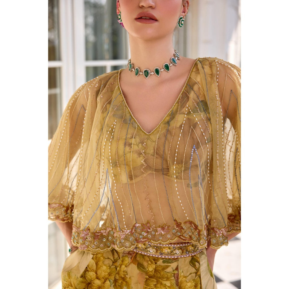 KALISTA Yellow Cape Attached Bustier with Palazzo