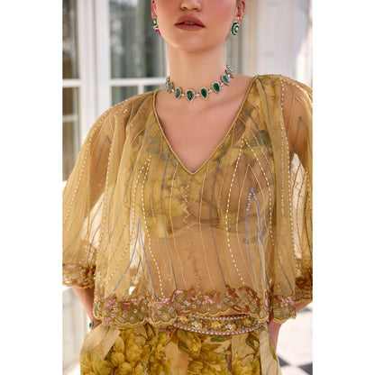KALISTA Yellow Cape Attached Bustier with Palazzo
