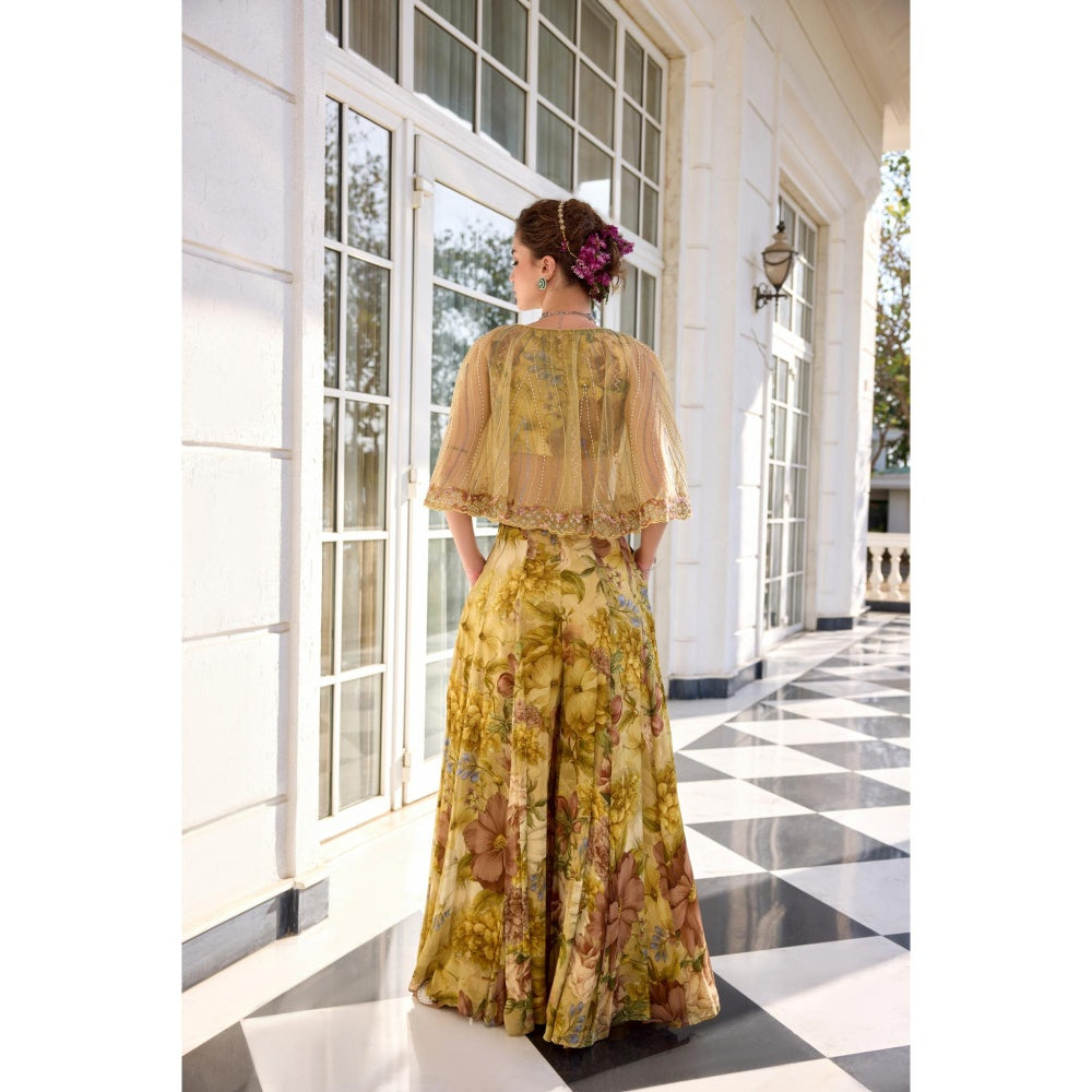 KALISTA Yellow Cape Attached Bustier with Palazzo