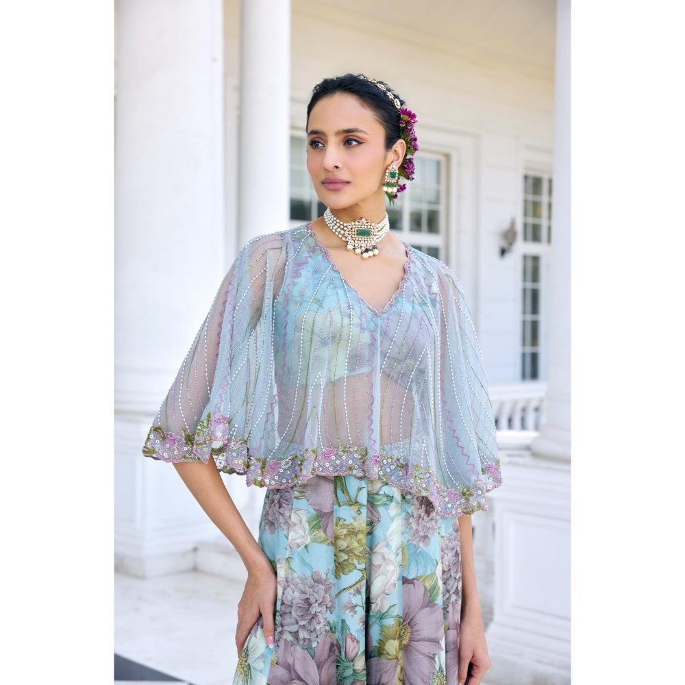 KALISTA Blue Cape Attached Bustier with Palazzo