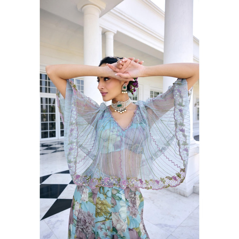 KALISTA Blue Cape Attached Bustier with Palazzo
