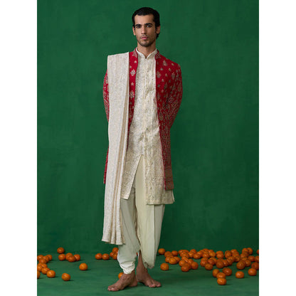 KALPRAAG Red Georgette Sherwani Set