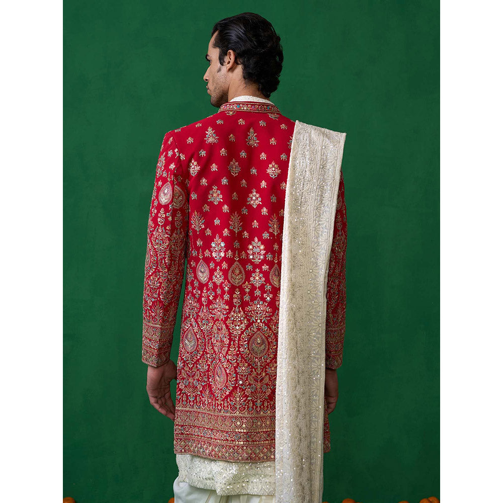 KALPRAAG Red Georgette Sherwani Set