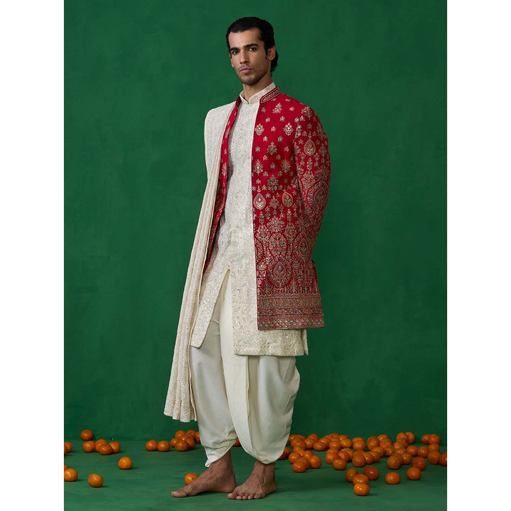 KALPRAAG Red Georgette Sherwani Set