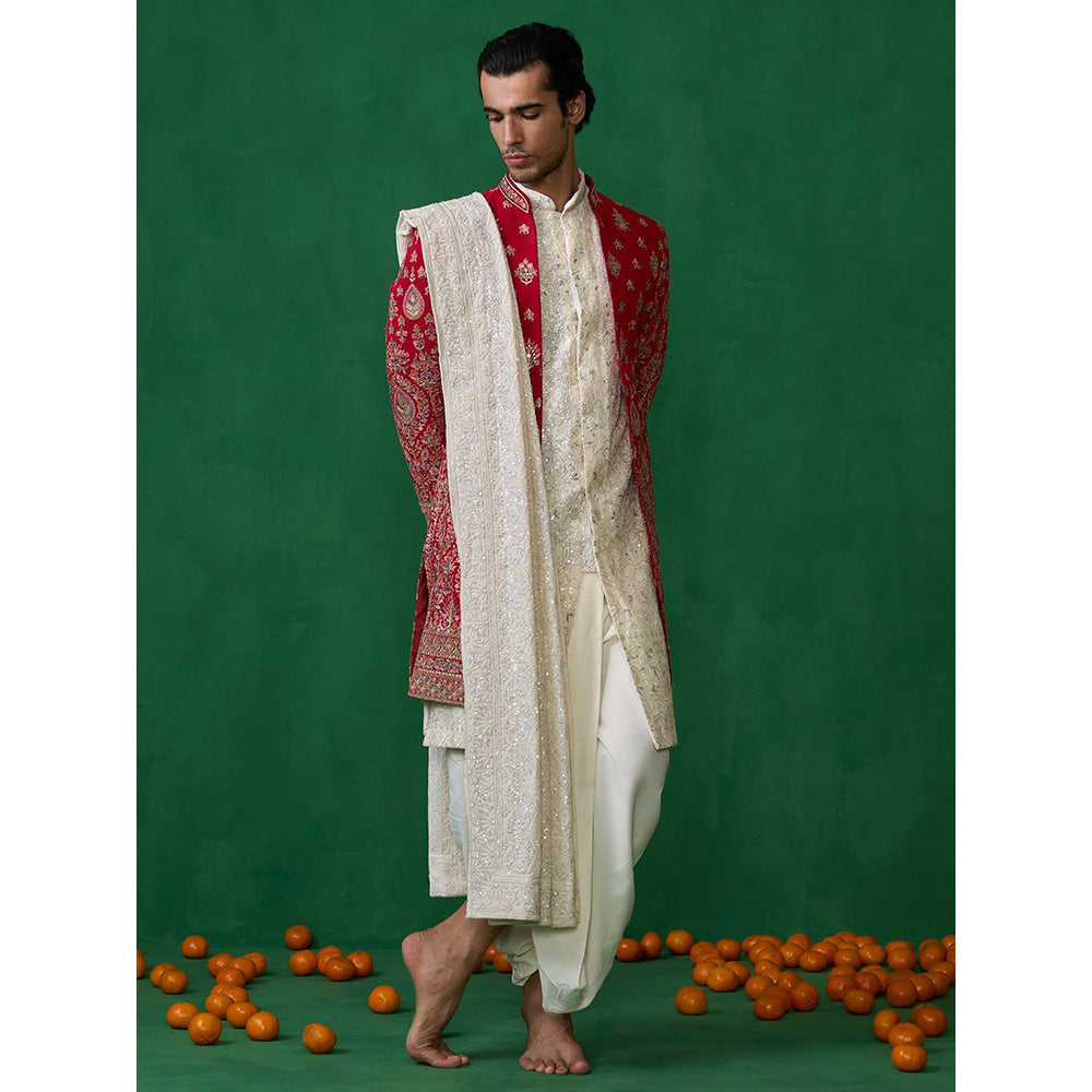 KALPRAAG Red Georgette Sherwani Set