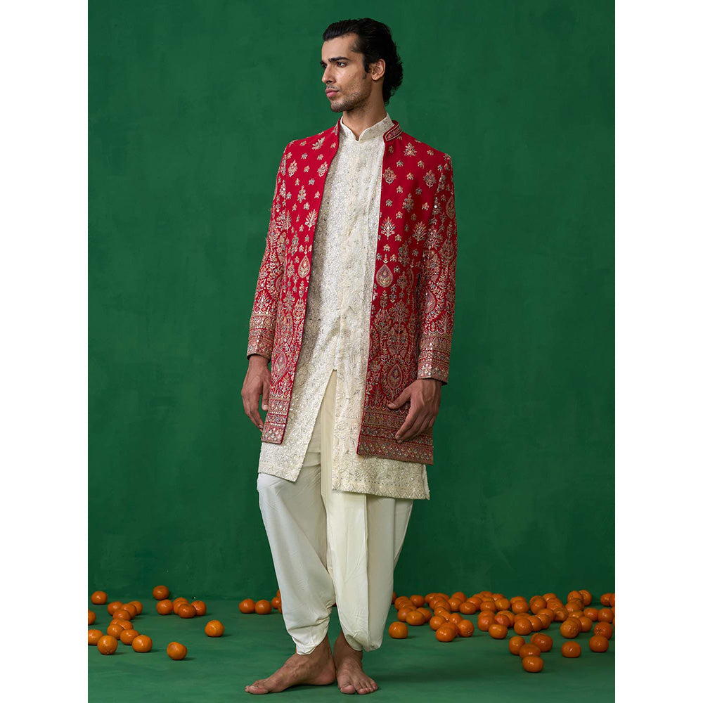 KALPRAAG Red Georgette Sherwani Set