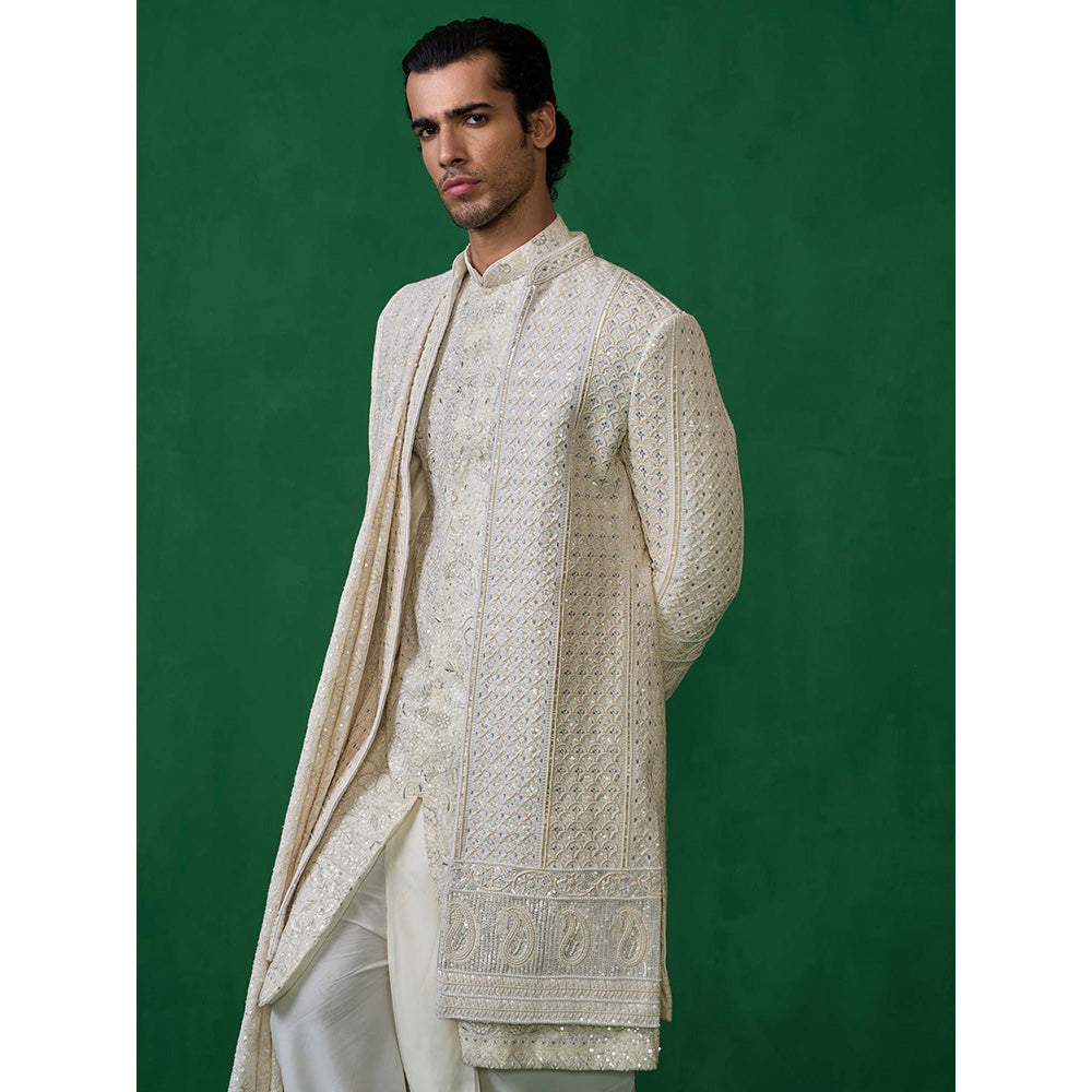 KALPRAAG Off White Georgette Sherwani Set