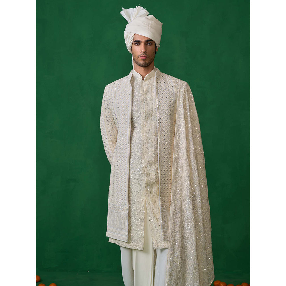 KALPRAAG Off White Georgette Sherwani Set