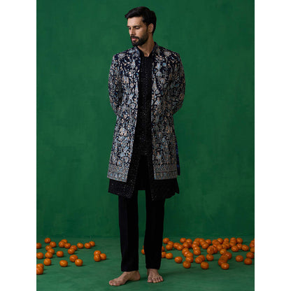 KALPRAAG Navy Blue Georgette Sherwani Set