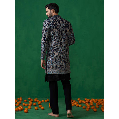 KALPRAAG Navy Blue Georgette Sherwani Set